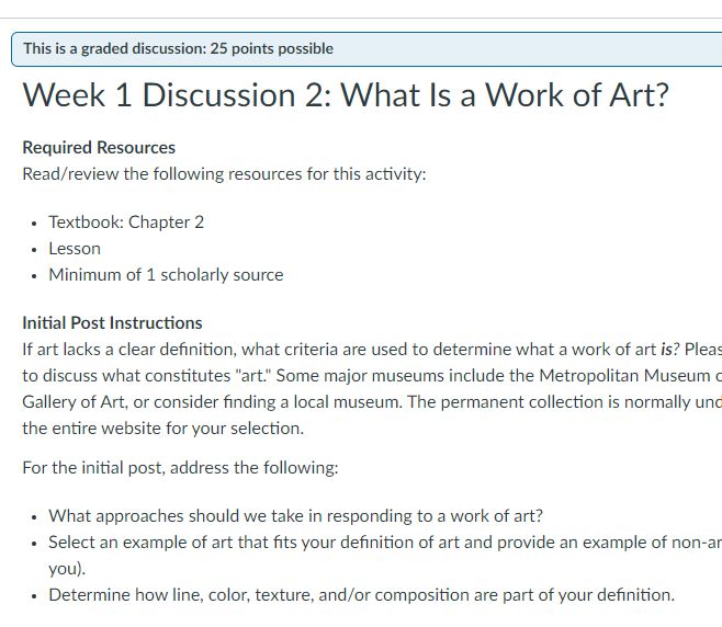 (Answered) HUMN303N Week 1 Discussion 2: What Is a Work of Art? - Scol ...