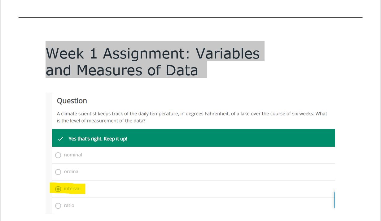 week 1 assignment variables and measures of data