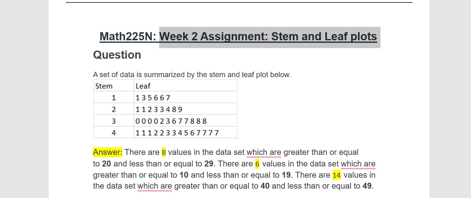 week 2 assignment stem and leaf plots